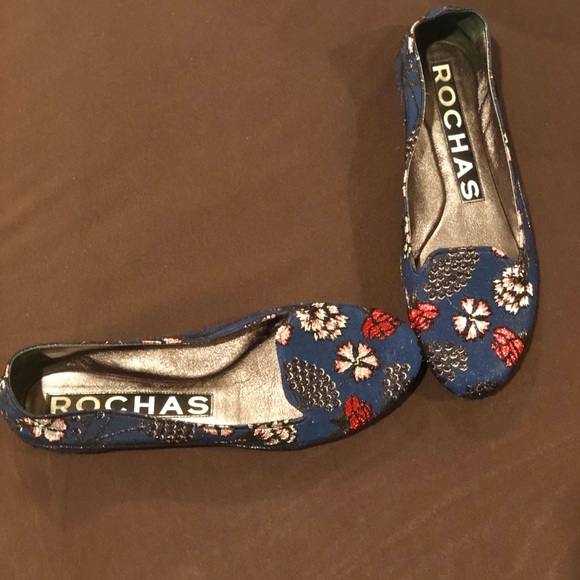 Rochas blue/red/silver Floral Flats Size 8.5 - Picture 2 of 4